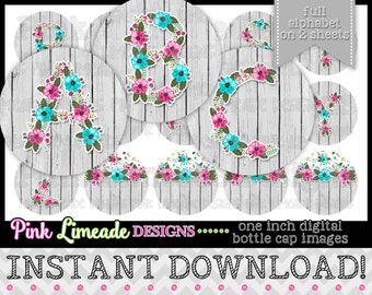 Conjunto de alfabeto floral rosa/azul con espacios editables - DESCARGA INSTANTE 1" Tapa de botella Imágenes 4x6 - 871