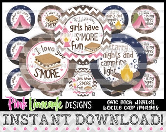 Camping en S'mores - INSTANT DOWNLOAD 1" fles Cap afbeeldingen 4 x 6 - 1040
