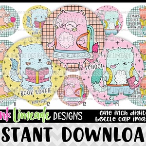 Back to School Cats - INSTANT DOWNLOAD 1&quot; Bottle Cap Images 4x6 - 1174