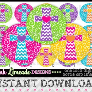 May include: Twelve 1-inch digital bottle cap images featuring a colorful chevron cross with a heart in the center. The cross is on a background of swirls in various colors.