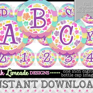 Happy Blossom Alphabet Set - DESCARGA INSTANTE 1&quot; Tapa de botella Imágenes 4x6 - 982