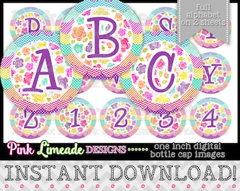 Happy Blossom Alphabet Set - DESCARGA INSTANTE 1" Tapa de botella Imágenes 4x6 - 982