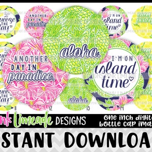 Puede incluir: Diez imágenes digitales de tapones de botella con un tema tropical. Las imágenes presentan piñas, flores y texto como "squeeze the day", "another day in paradise", "aloha" y "I'm on island time".