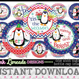 Merry & Bright Penguins - INSTANT DOWNLOAD 1" Bottle Cap Images 4x6 - 878