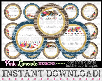 BEWERKBARE Boho veren - INSTANT DOWNLOAD 1" fles Cap afbeeldingen 4 x 6 - 076e