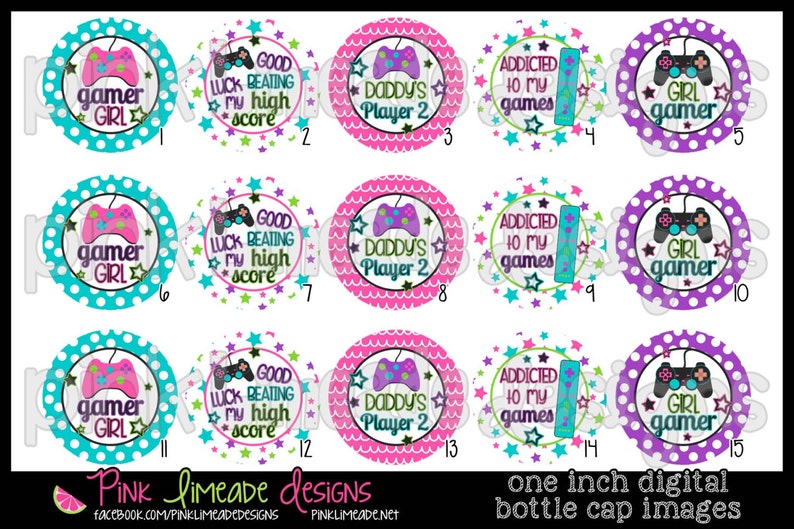 Puede incluir: Doce im&aacute;genes digitales redondas para tapas de botellas de 2,5 cm de di&aacute;metro con tem&aacute;tica de una jugadora. Las im&aacute;genes incluyen un fondo de lunares rosa y azul con un mando de juego rosa y verde, estrellas y texto como "gamer girl", "buena suerte para superar mi puntuaci&oacute;n m&aacute;s alta", "el jugador 2 de pap&aacute;" y "adicta a mis juegos".