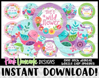 She's a Wildflower - colorful flowers and birds - INSTANT DOWNLOAD 1" Bottle Cap Images 4x6 - 1253