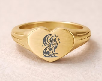 Anillo Corazón de Lobo Celta, Anillo de Sello Grabado Lobo Lunar Joyería Gótica Grabada Joyería de Aventura de Lobo, Regalo para Amantes de los Animales, Espíritu Animal Tribal