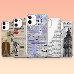Custodia per telefono con motivo giornale, stile retrò vintage minimalista, per iPhone 16, 16e, 15, 14, 13, 12, Samsung S25, S25 Edge, S24, S23FE, S22, A16, A56, Pixel 9Pro, 8A, 9A