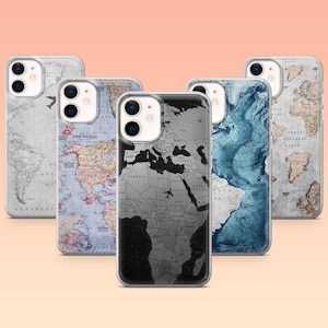 Coque pour téléphone carte du monde, géographie, étui pour avion de voyage pour iPhone 16 16e 15 14 13 12 Samsung S25 S25 Edge S24 S23FE S22 A16 A56 Pixel 9Pro 8A 9A