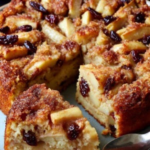 以下が含まれることがあります： カットされた一切れがある、焼かれたアップルケーキのクローズアップ。ケーキはリンゴのスライス、レーズン、砂糖をまぶしたクランブルでトッピングされています。ケーキは水色の皿の上にあります。