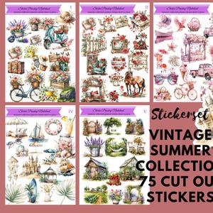 Vintage Summer 75 Cut Out Stickerset | DIY Decals | Decoupage | 5 Stickersheets | Seasonal Planner Sticker Sheet Set | Planner Sticker Set,