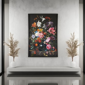 Stillleben mit Blumendruck, Vintage-Wandkunst im Gothic-Stil mit Blumenmuster, Vintage-Blumen | Direkter Download | JPG | PNG | Niederländische Karte | Wandkunst