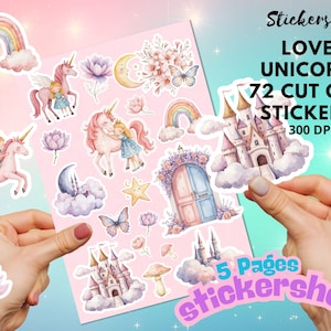 Precioso juego de 72 pegatinas recortables de unicornio | Calcomanías DIY | Decoupage | Hojas de pegatinas | Juego de hojas de pegatinas para planificador de temporada | Juego de pegatinas para planificador