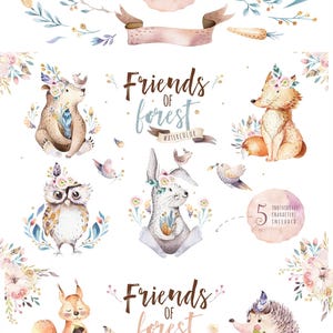 Cute watercolor bohemian baby cartoon hedgehog, squirrel and moose animal for nursary, forest illustration for children. Direct download JPG