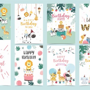 Carte d'anniversaire verte avec tigre, girafe, zèbre, gâteau, feuille, arc-en-ciel, lumière et ballon | Téléchargement direct | Imprimable | Album de coupures