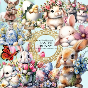 Joyeuses Pâques squish - Aquarelle - 18 fichiers PNG - téléchargement direct - Lapin de Pâques - Scrapbooking - Découpage - transferts