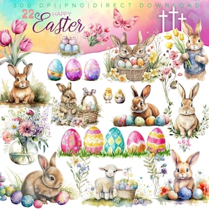 Easter squish - Watercolor - 22 PNG files- directe download - Happy Easter Bunny - Scrapbooking - Decoupage - transfers