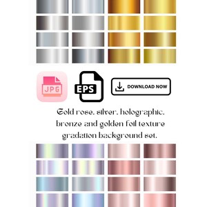 Hintergrundset mit abgestufter Textur in Goldrosa, Silber, Holografie, Bronze und Goldfolie. Vektor glänzende Hologramm-Metallic-Gradienten-Kollektion