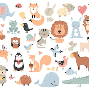 Animali selvatici e domestici. Set perfetto per scrapbooking, baby shower, poster per bambini, tag, kit di adesivi. Illustrazione vettoriale.