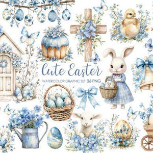 Blue Easter Clip Art - Watercolor - 26 PNG files- directe download - Happy Easter Eggs - Scrapbooking - Decoupage - transfers