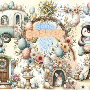 Boho Easter Sublimation Clipart squish - Watercolor - 86 PNG files- directe download - Happy Easter Bunny - Scrapbooking - Decoupage -