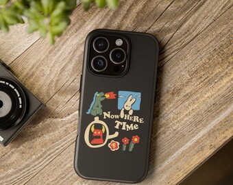 May include: Black phone case with a colorful graphic design featuring a monster, a rabbit, and the text "Now Here Time".