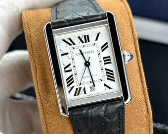 Cartier Tank Must XL automatisch staal zwart leer zilveren wijzerplaat WSTA0040 horloge