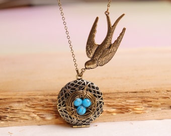 Bird Nest Locket Necklace with Sparrow, Custom Nest Pendant Necklace, Family Necklace, Mother's Day Gift, Locket Necklace for Mom