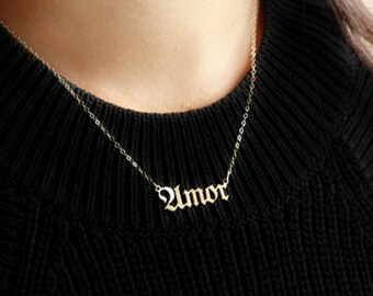 Old English Necklace, Name Plate Necklace, Custom Tiny Name Necklace, Gothic Name Necklace, Christmas Gift, Amor Necklace