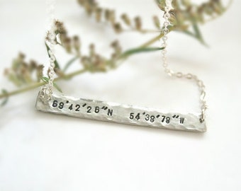Custom coordinates necklace, Bar with coordinates, Latitude and longitude jewelry, Cordinate necklace, Location Necklace, Sterling silver