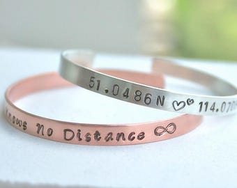 Long Distance Friendship Bracelet, Coordinate Bracelet, Best Friend Gift, Engraved Cuff Bracelet, Coordinate Jewelry,  Christmas Gift