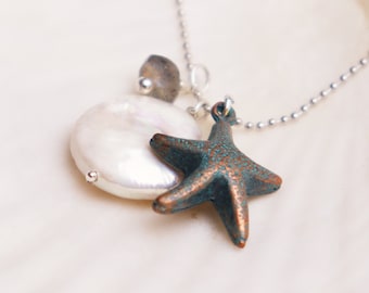 Freshwater Coin Pearl Starfish Necklace, Beach Wedding Jewelry, Beach Bride and Bridesmaid Gift