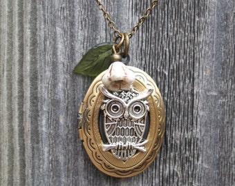Owl Locket Necklace with Leaf and Flower