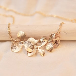 Gold Orchid Necklace with Custom Initials, Flower Necklace, Wedding Jewelry, Bridesmaid Gifts image 3