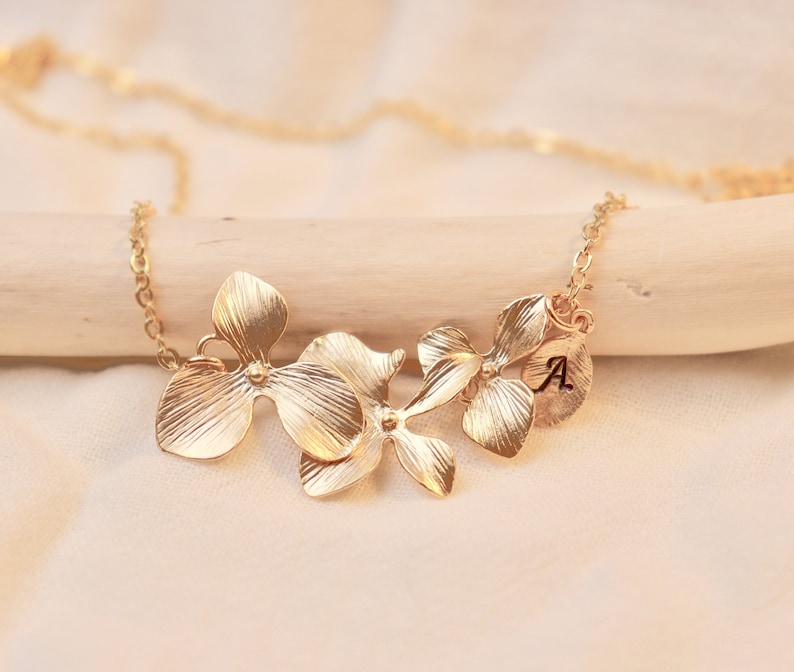 Gold Orchid Necklace with Custom Initials, Flower Necklace, Wedding Jewelry, Bridesmaid Gifts image 3