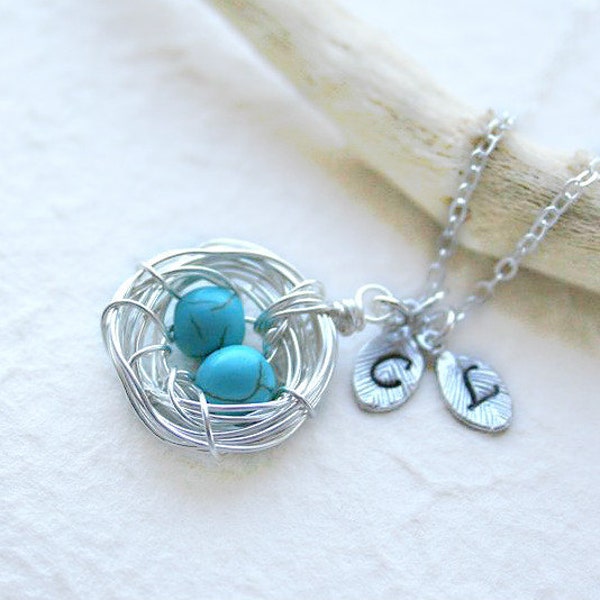 Personalized Bird Nest Necklace, Two Eggs in Nest, Two Initials, Monogram Jewelry, Mother Daughter Necklace, Sterling Silver, Initial Nest