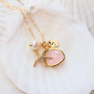 Gold Starfish Necklace, Personalized with Custom Initial and Glass Jewel, Sea Star Necklace, Beach Jewelry, Beach Wedding Necklace