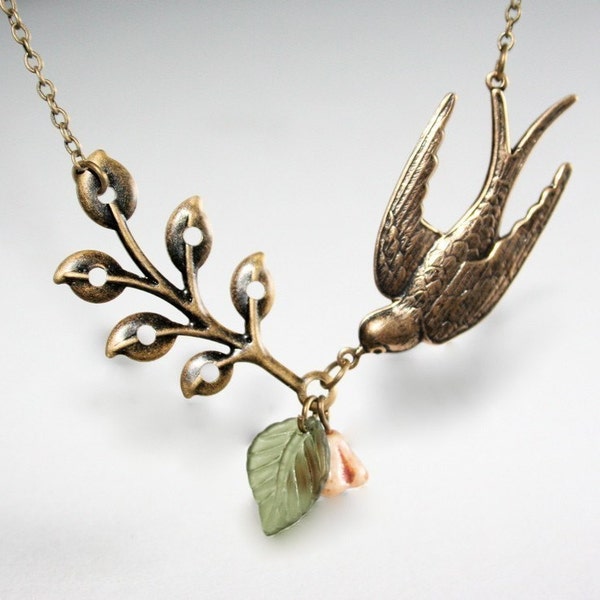 Bird Necklace,  Leaf Flower Necklace