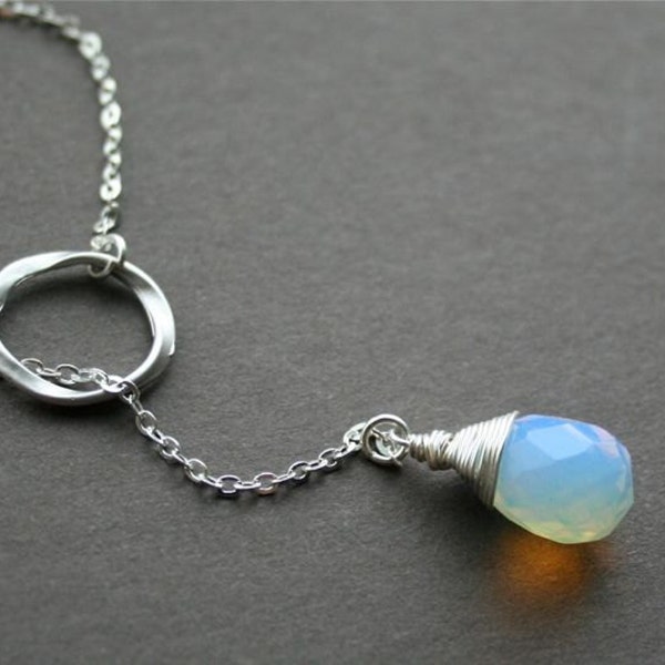 Opalite Moonstone Necklace, Moonstone Lariat Necklace with Circle, Sterling Silver, Opal Necklace, Gift for Her