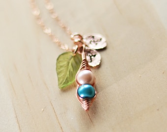 Rose Gold Pea Pod Necklace, 2 Peas In a Pod, Personalized Initial leaves, Christmas Gift for Sisters, Mom Necklace, Pea Pod Jewelry