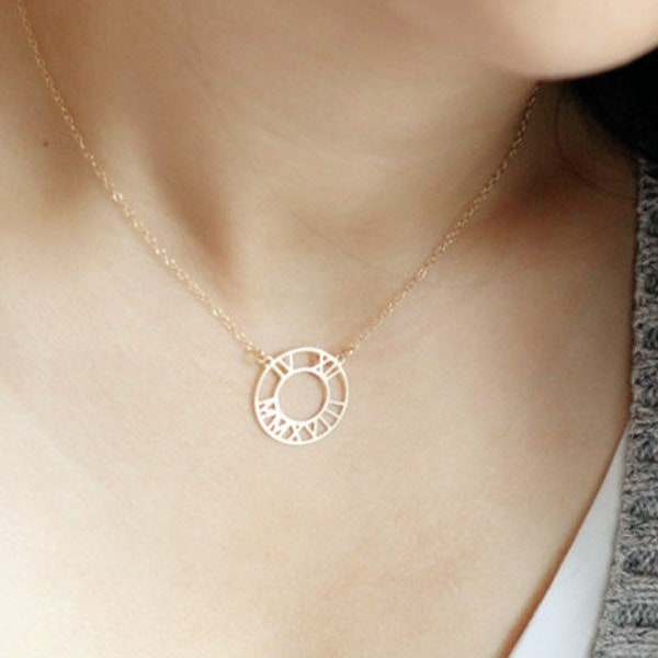 Roman Numeral Necklace, Number Necklace, Roman Necklace with Circle Numeral Pendant, Tiny Name / Date Necklace Christmas Gift