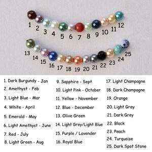 May include: A chart showing 25 different colored beads with numbers 1 through 25 next to each bead. Each bead is labeled with a month of the year and a color name. For example, bead number 1 is dark burgundy and labeled "January".