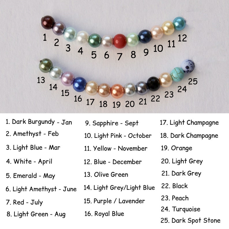 May include: A chart showing 25 different colored beads with numbers 1 through 25 next to each bead. Each bead is labeled with a month of the year and a color name. For example, bead number 1 is dark burgundy and labeled "January".