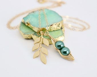 Peapod necklace, 2 peas in a Pod, New Mom Gift, Leaf Necklace, Pea necklace, Custom Pea Pod. Sister Necklace