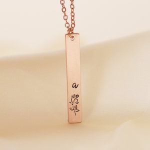Collier Rose, Collier de fleurs, Collier à barre verticale avec initiale personnalisée, Collier de fleurs de naissance de juin, cadeau pour elle