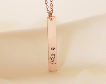 Rose Necklace, Flower Necklace, Vertical Bar Necklace with Custom Initial, June Birth Flower Necklace, Gift for Her