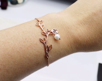 Rose Gold Leaf Branch Bracelet with Custom Initial and Your Birthstone Pearl, Botanical Jewelry, Mothers Bracelet, Bridesmaid Gifts