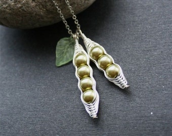 Pea Pod Necklace, Personalize Your Pea Pod with Birthstones, Two Pods Necklace, Green Peas,3 Peas in a Pod, 4 Peas in a Pod, Sister Necklace