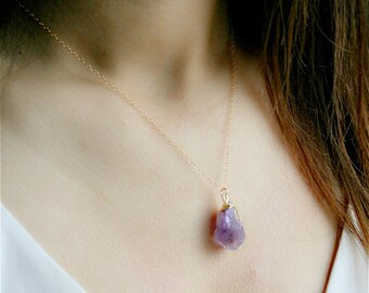 Amethyst Necklace, Raw Stone Necklace, Mother's Day Gift,  Citrine Necklace, Rough Stone Necklace, 14k Gold Filled, Dainty Stone Pendant